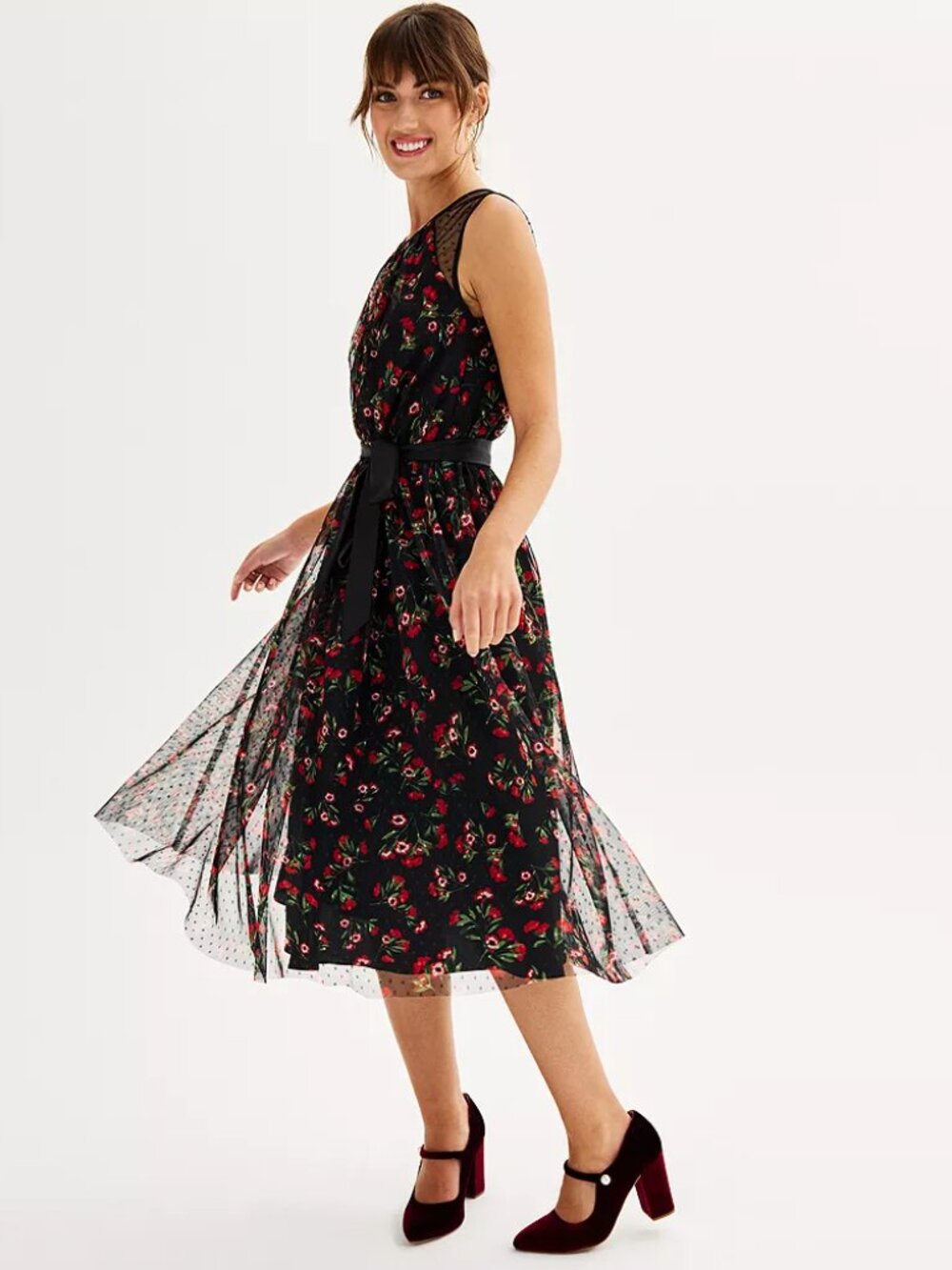 Draper James RSVP Dark Floral Whimsigoth Midi Swiss Dot Sheer Mesh Size Large